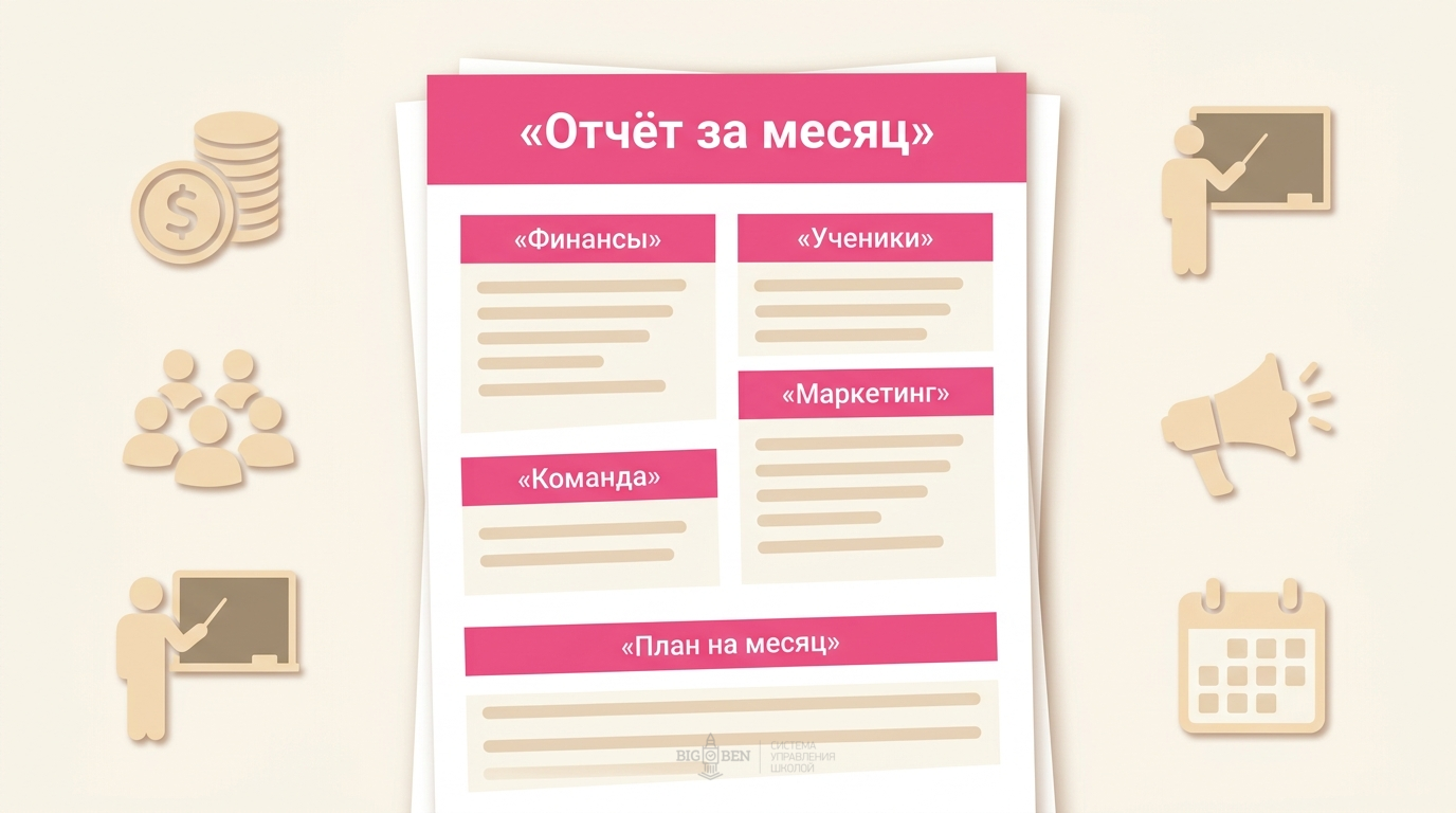 Структура ежемесячного отчёта частной языковой школы: пять блоков — финансы, ученики, команда, маркетинг, план на месяц