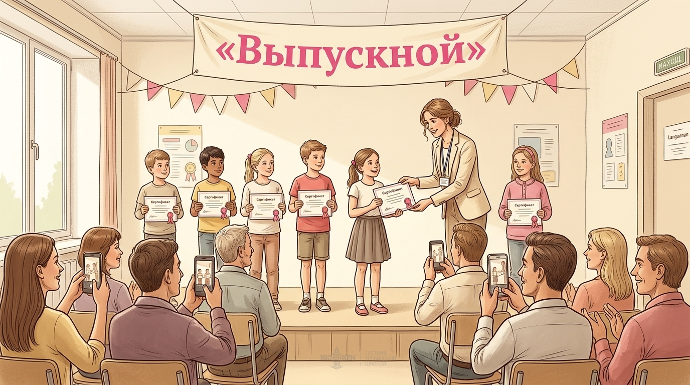 Выпускной в языковой школе: ученики получают сертификаты, родители фотографируют