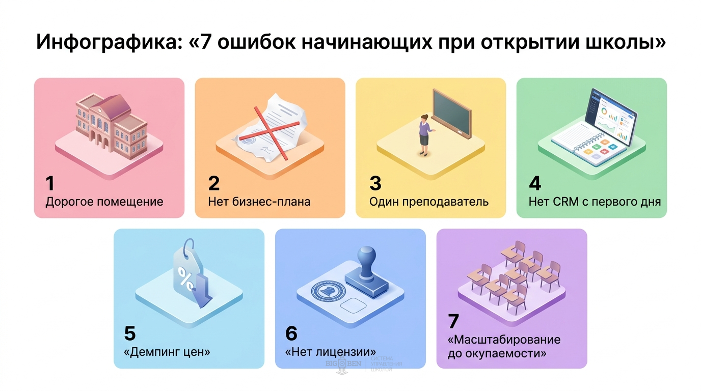 7 ошибок при открытии языковой школы: дорогое помещение, нет бизнес-плана, один преподаватель, нет CRM, демпинг цен, нет лицензии, раннее масштабирование