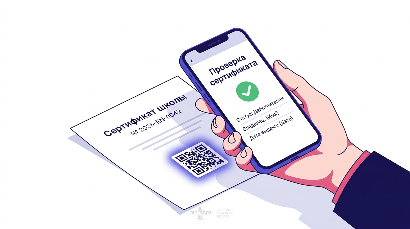 Проверка сертификата языковой школы по QR-коду — смартфон сканирует уникальный номер серии