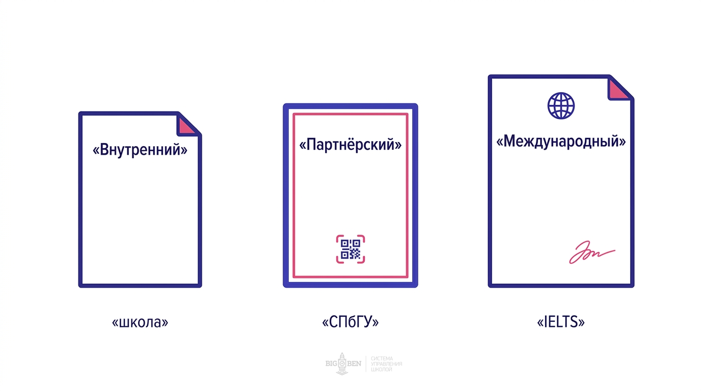 Три типа сертификатов языковой школы: внутренний, партнёрский (СПбГУ), международный (IELTS)