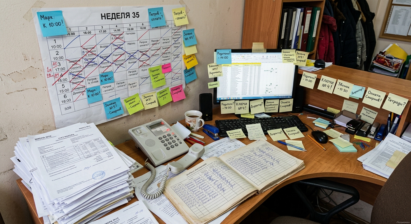 Хаотичная рецепция школы: стикеры, бумажное расписание, звонящий телефон