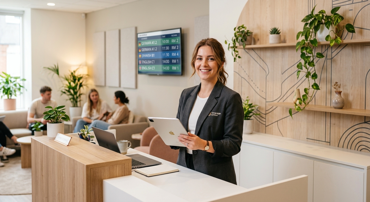 Администратор языковой школы за стойкой рецепции с планшетом