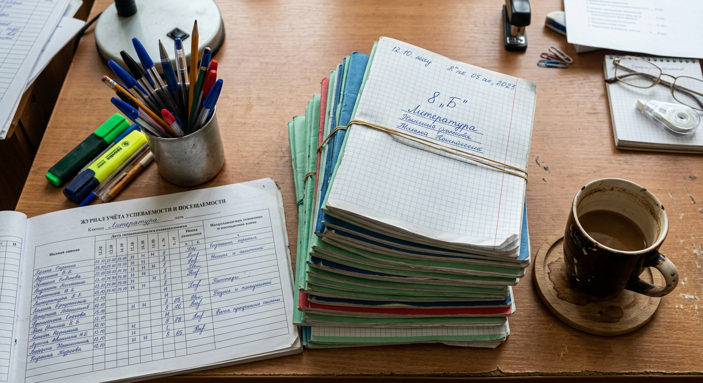Стол преподавателя: стопки тетрадей, бумажный журнал