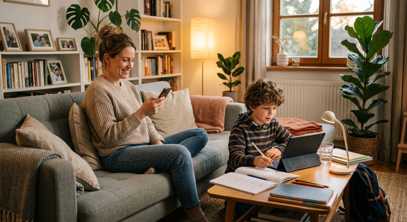 Мама с телефоном видит прогресс ребёнка в приложении
