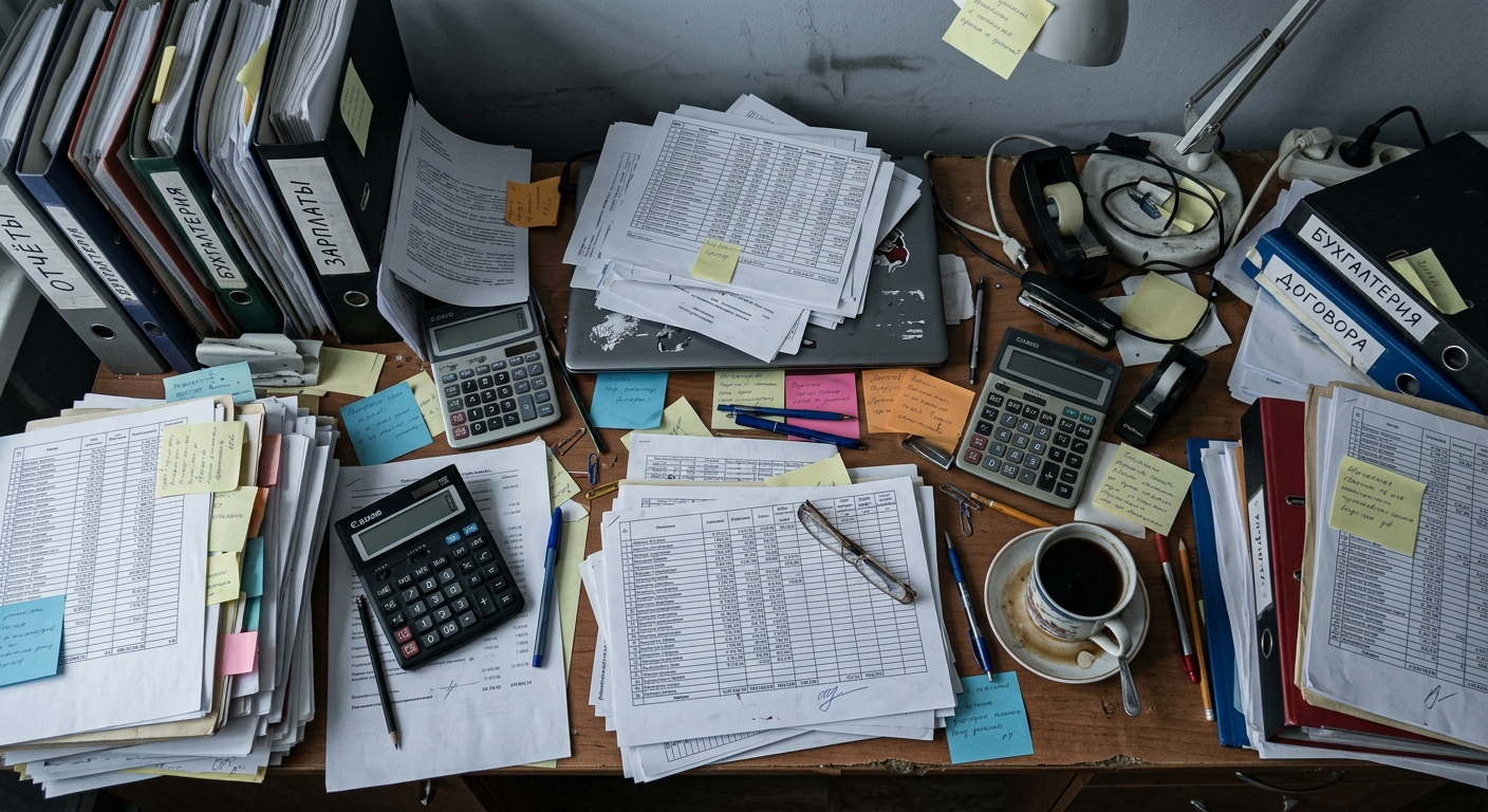 Хаотичный рабочий стол руководителя школы: бумаги, таблицы, стикеры — типичный понедельник без CRM
