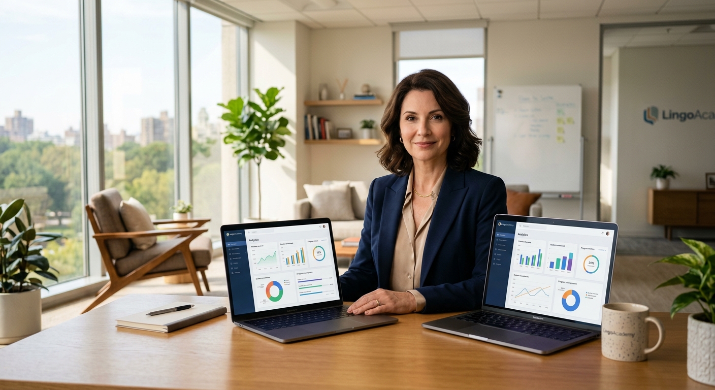 Руководитель языковой школы за работой с аналитическим дашбордом BigBen CRM