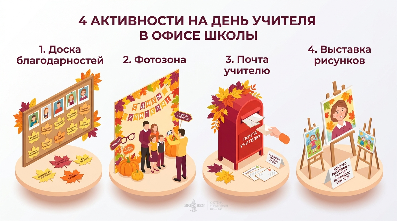 4 активности на День Учителя в офисе: доска благодарностей, фотозона, почта учителю, выставка рисунков