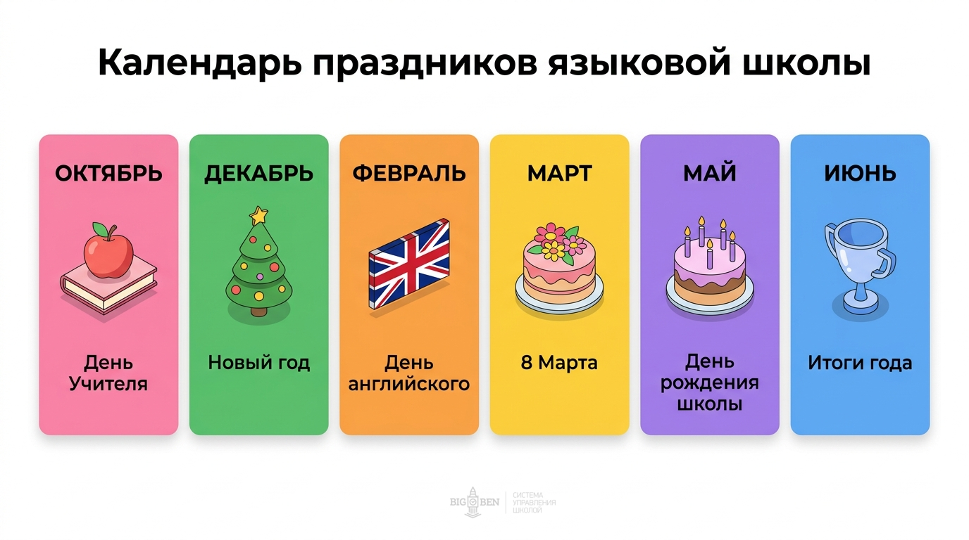 Календарь 6 праздников языковой школы: октябрь — День учителя, декабрь — Новый год, февраль — День английского, март — 8 марта, май — День рождения школы, июнь — Итоги года