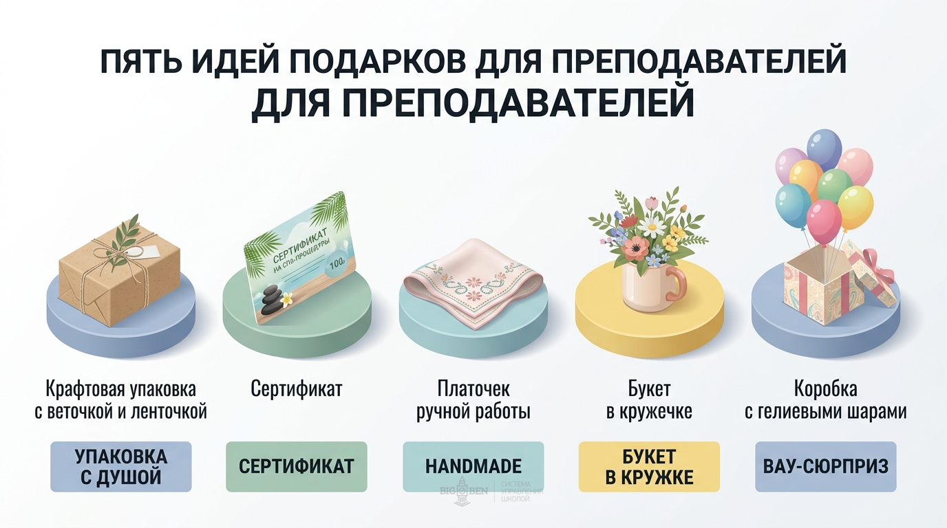 5 идей подарков для преподавателей: крафтовая упаковка, сертификат, платочек ручной работы, букет в кружечке, коробка-сюрприз с шарами