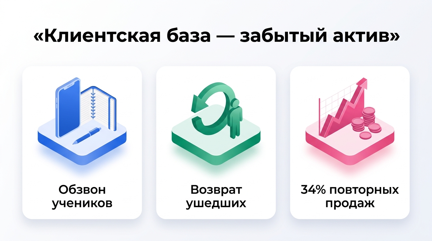 Работа с клиентской базой языковой школы: обзвон учеников, возврат ушедших, повторные продажи — инфографика
