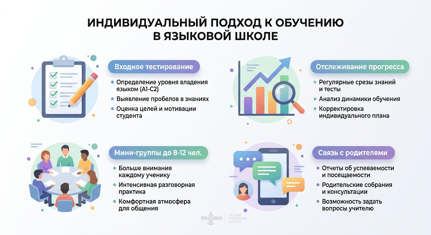 Индивидуальный подход в языковой школе: входное тестирование, мини-группы, отслеживание прогресса, связь с родителями