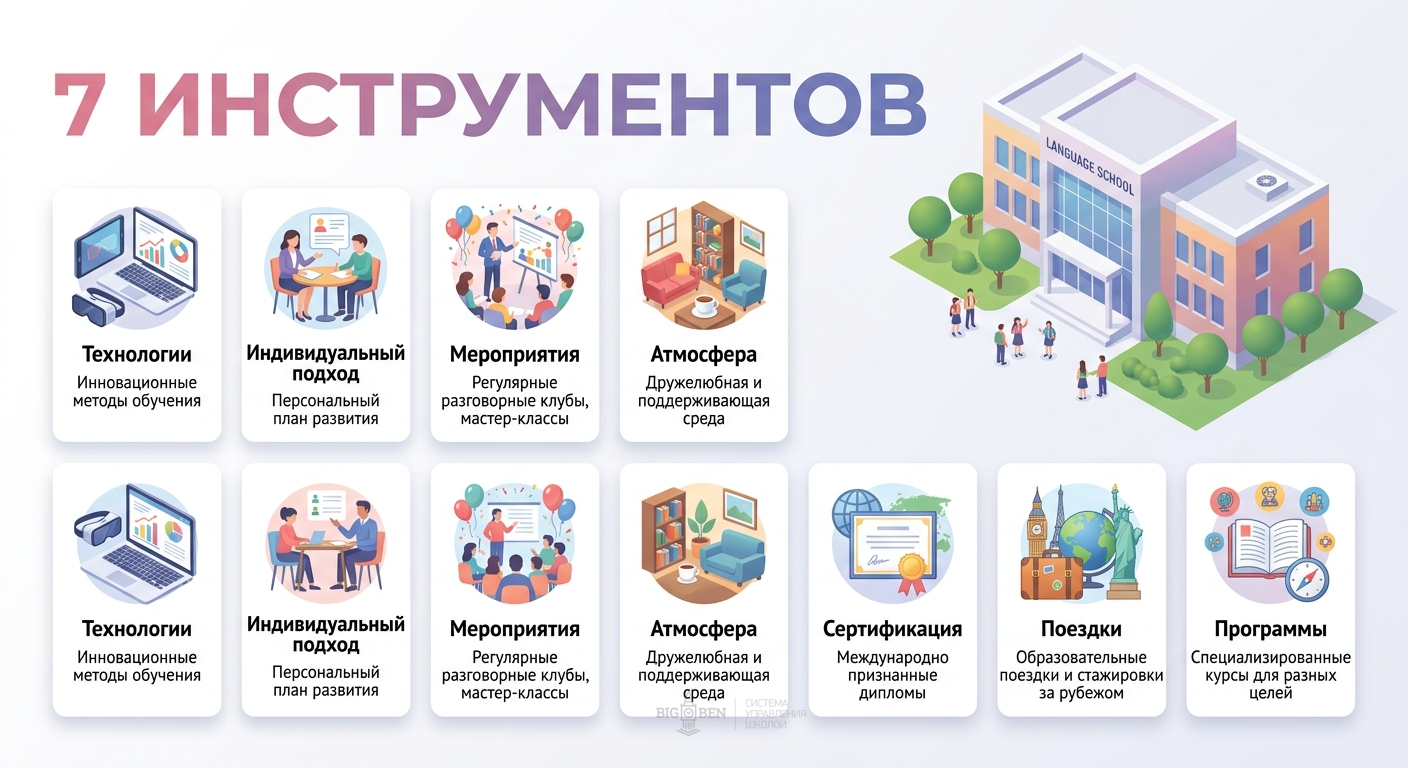 7 инструментов отстройки языковой школы от конкурентов: технологии, индивидуальный подход, мероприятия, атмосфера, сертификация, поездки, авторские программы