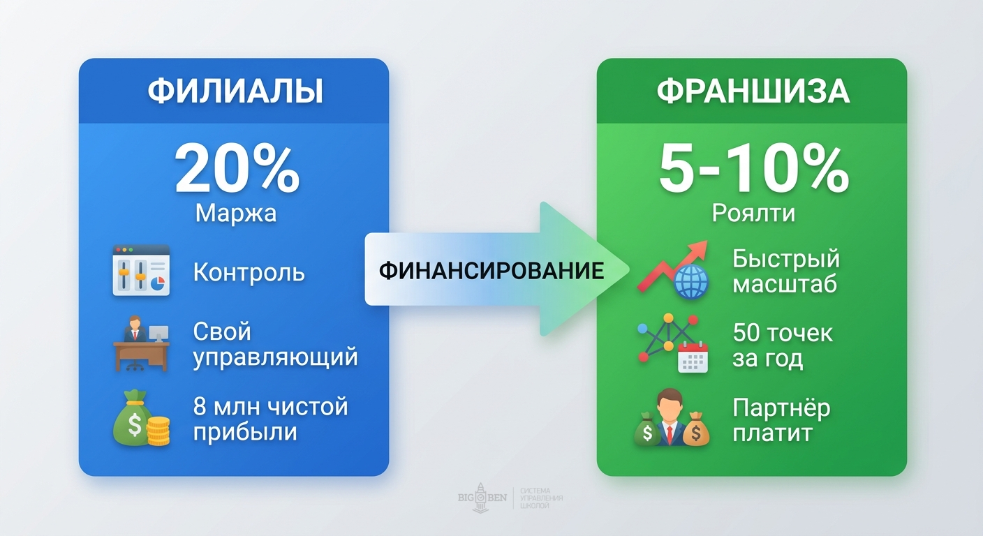 Сравнение филиалов и франшизы: филиалы — 20% маржа, полный контроль; франшиза — 5-10% роялти, быстрый масштаб