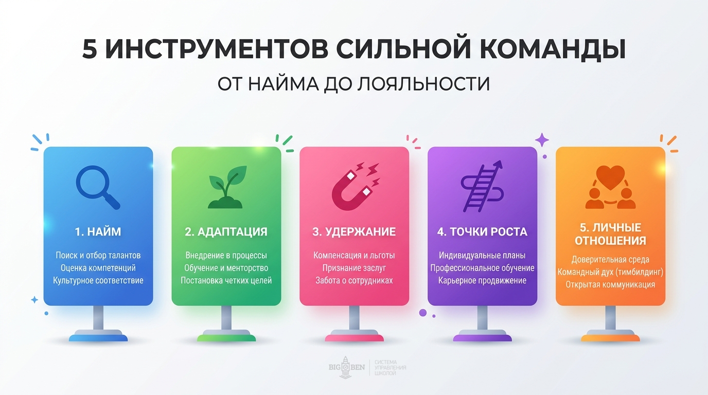 5 инструментов сильной команды: найм, адаптация, удержание, точки роста, личные отношения