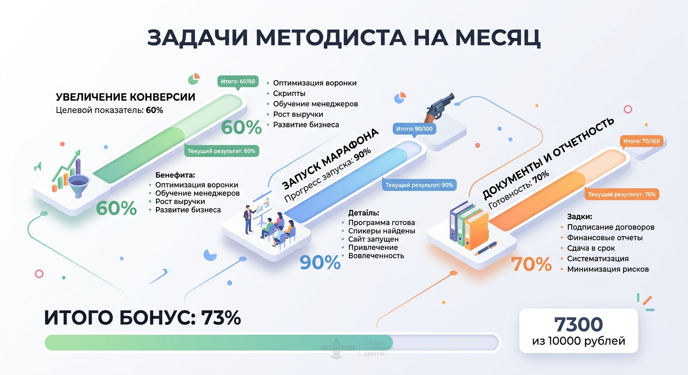 Расчёт бонуса по трём задачам: конверсия 60%, марафон 90%, документы 70% — итого 73% от максимального бонуса