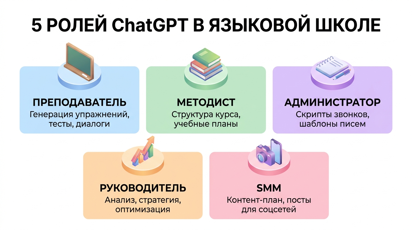 5 ролей в языковой школе, где ChatGPT экономит время: преподаватель, методист, администратор, руководитель, SMM