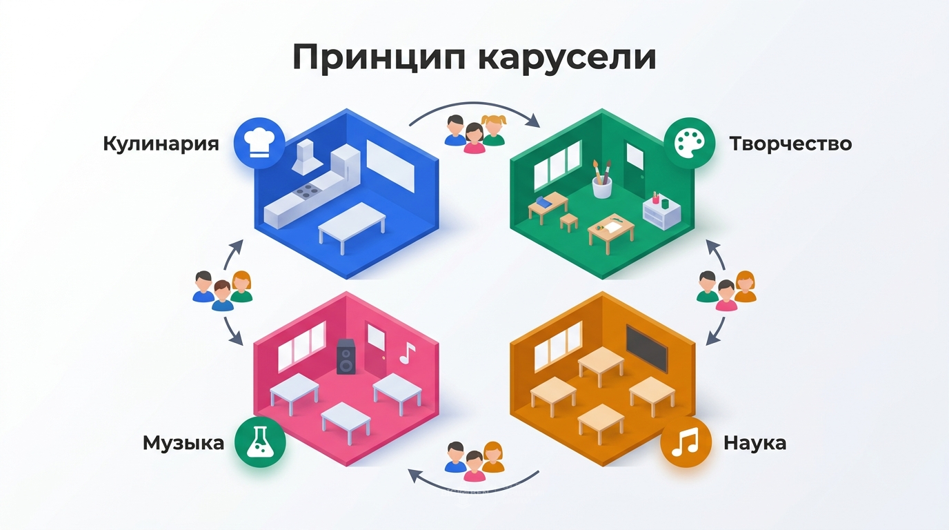 Принцип карусели: 4 группы проходят 4 мастер-класса, переходя из класса в класс каждые 45 минут