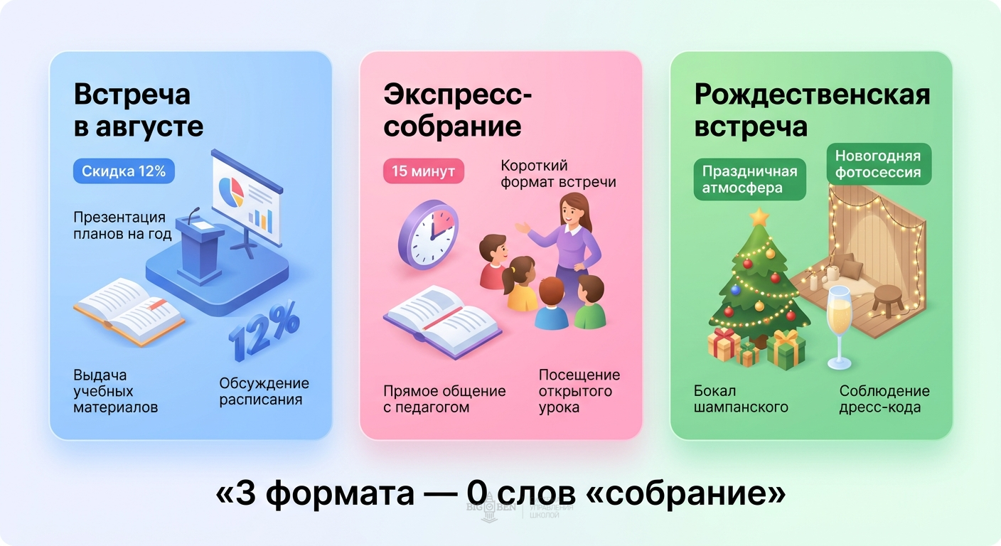 Три формата родительских собраний: встреча в августе, экспресс-собрание, рождественская встреча мам и пап