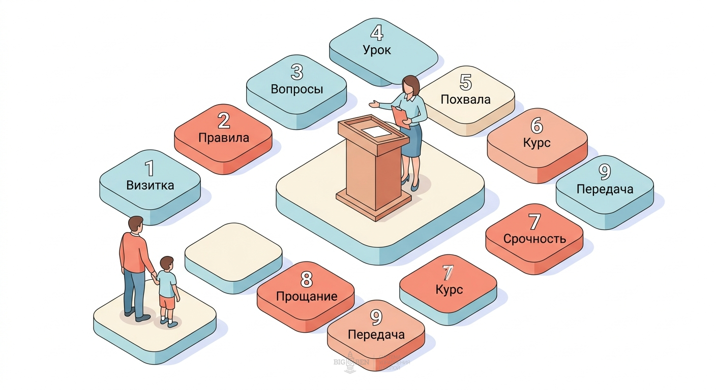 9 шагов алгоритма продаж педагога на пробном занятии: от видеовизитки до передачи администратору