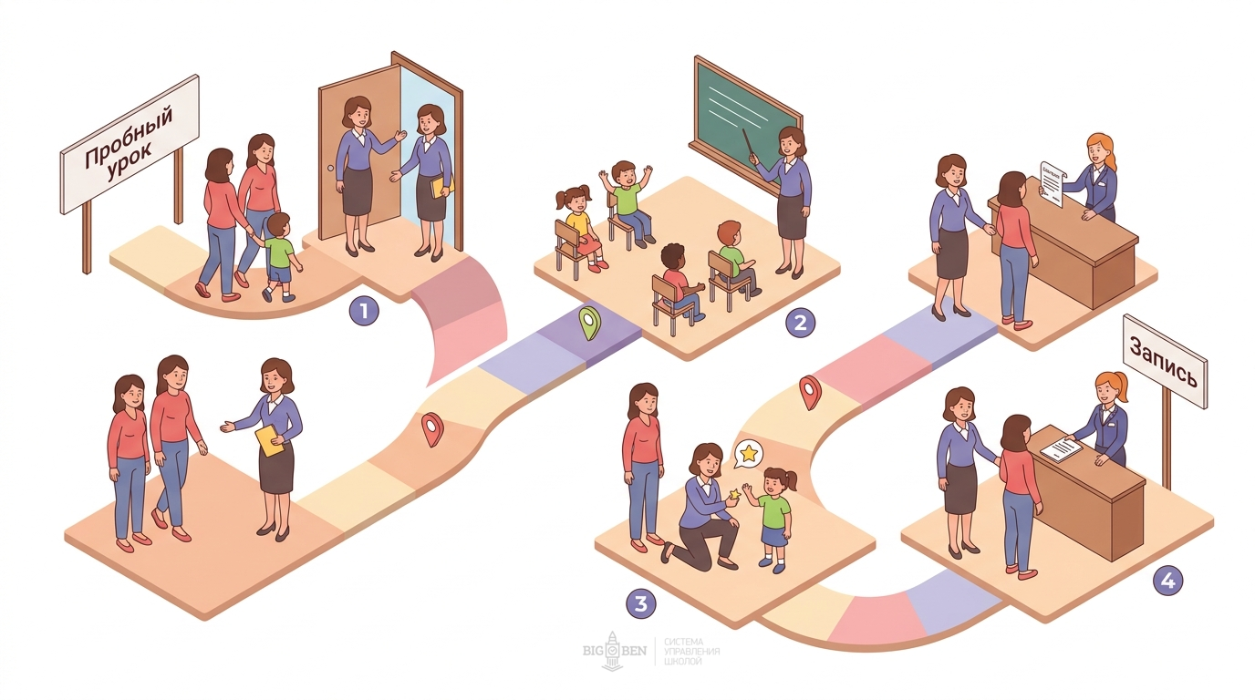 Воронка пробного занятия: прогрев, правила, потребности, урок, обратная связь, передача администратору
