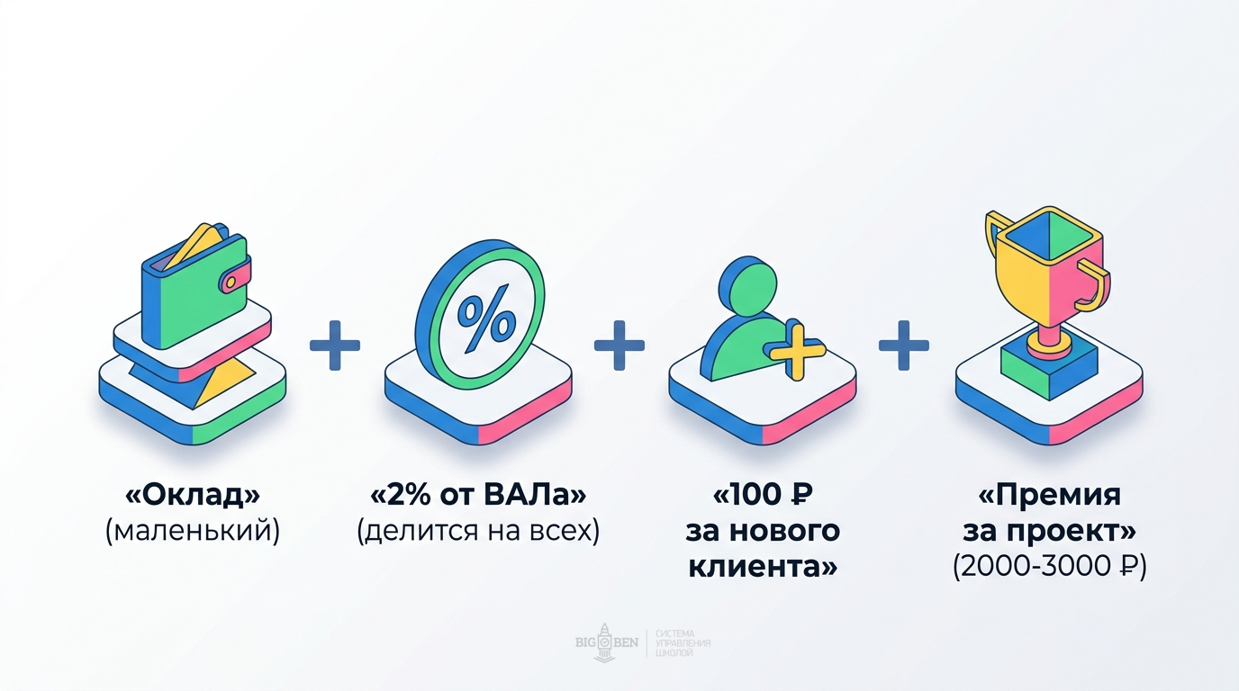 Структура заработной платы администратора: оклад + процент + фикс + премия