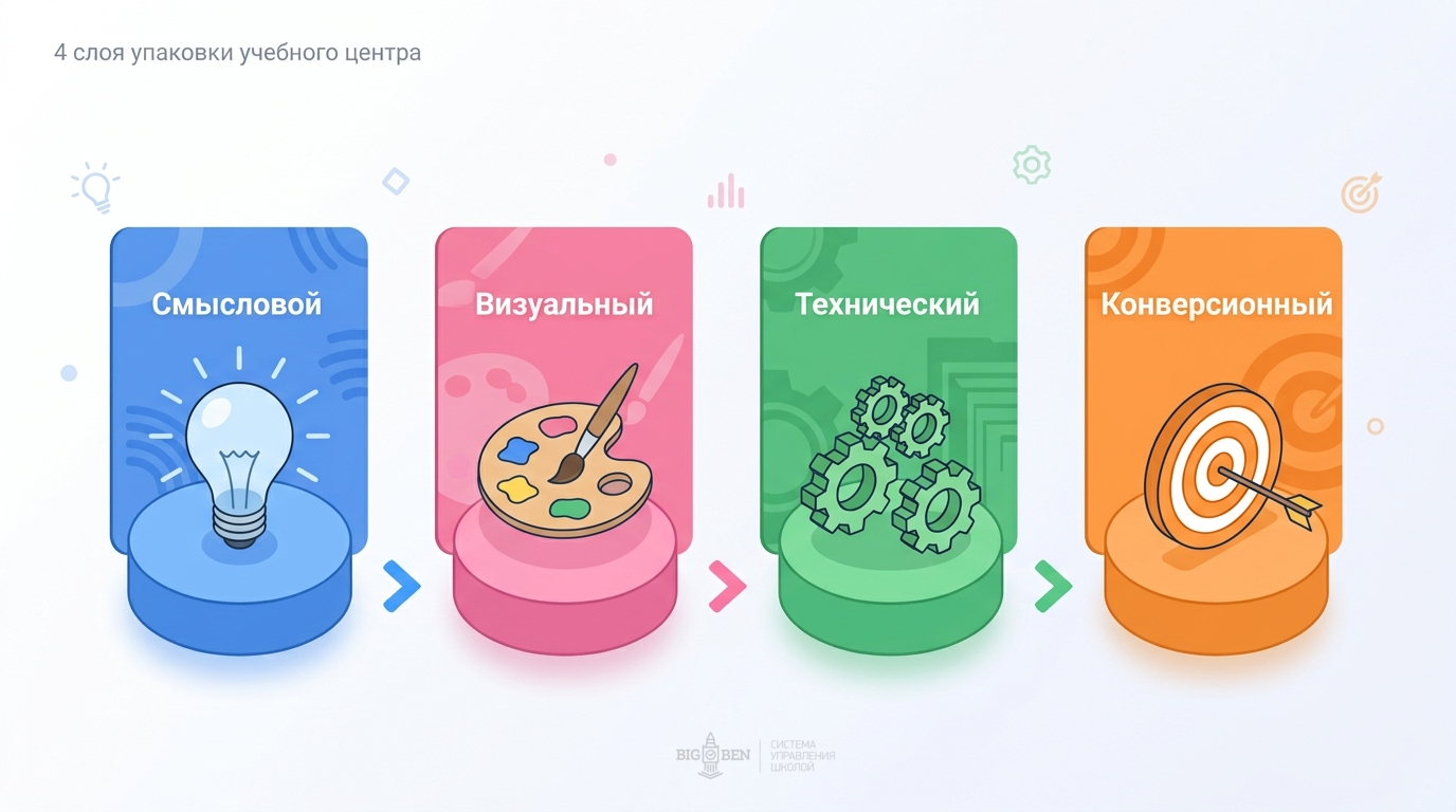 4 слоя упаковки учебного центра: смысловой, визуальный, технический, конверсионный
