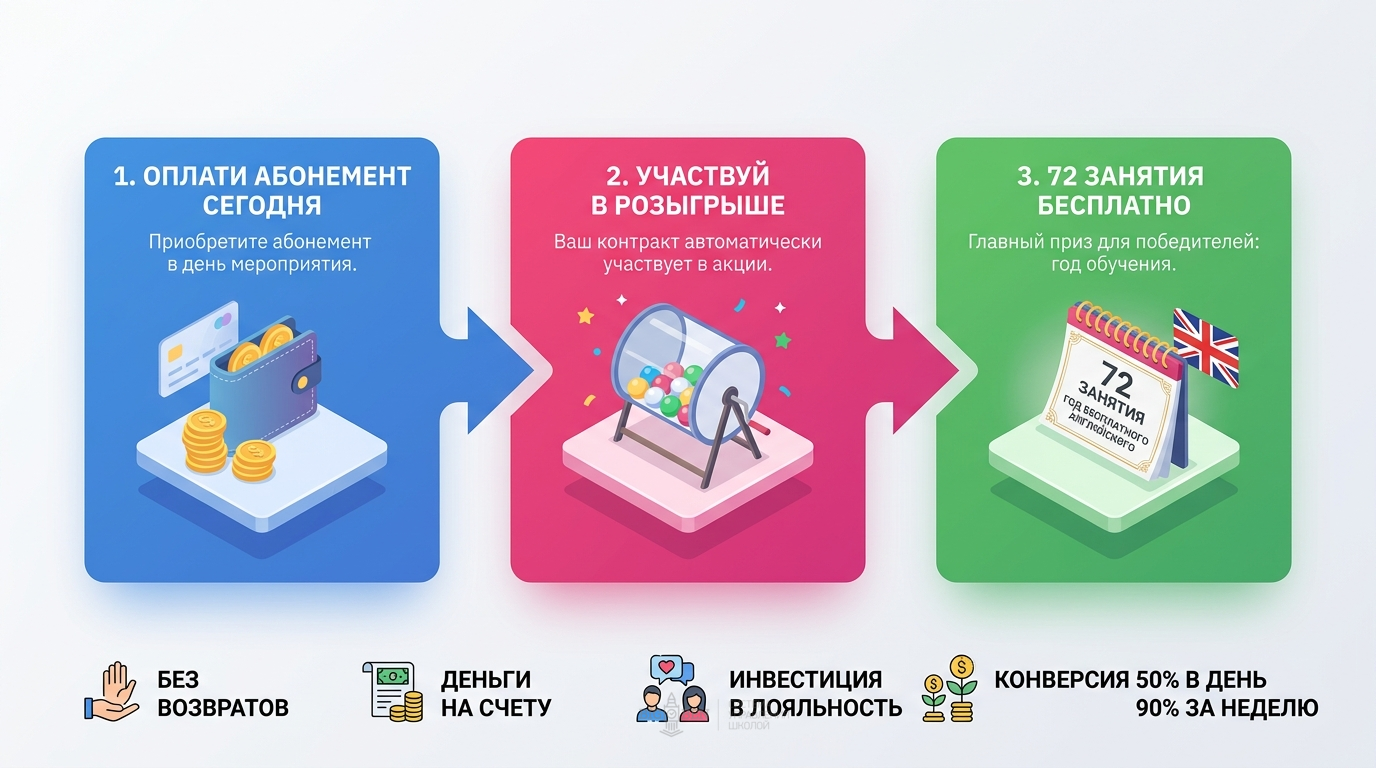 Инфографика: механика акции Год бесплатного английского — оплата в день мероприятия, розыгрыш онлайн, деньги на счету