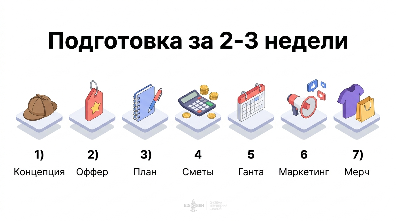 Инфографика: 7 шагов подготовки Дня открытых дверей в языковой школе — от концепции до мерча