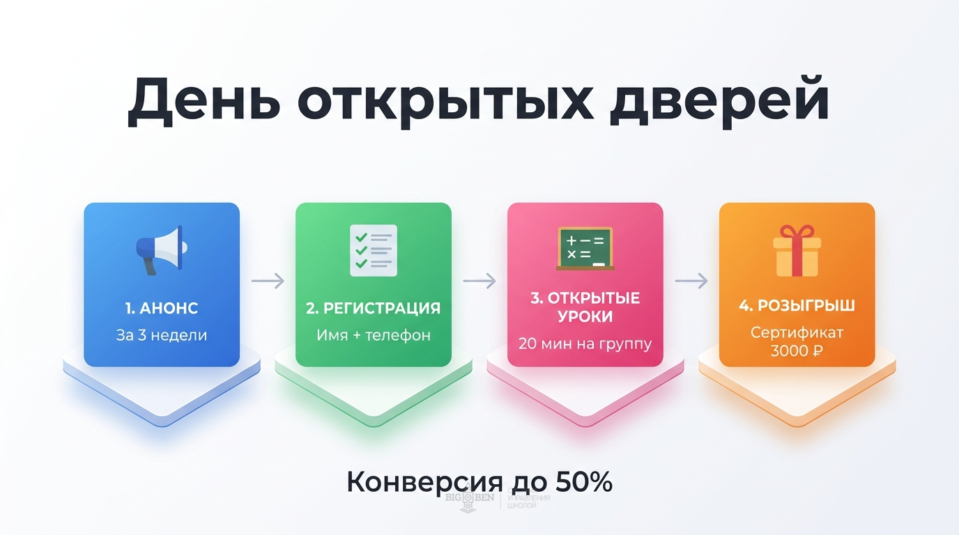 4 этапа Дня открытых дверей: анонс, регистрация, открытые уроки, розыгрыш