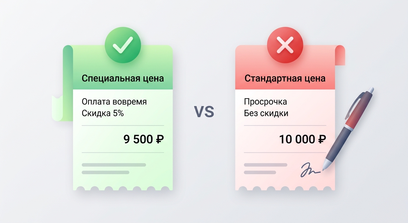 Два чека: зелёный (специальная цена за своевременную оплату) и красный (стандартная цена)