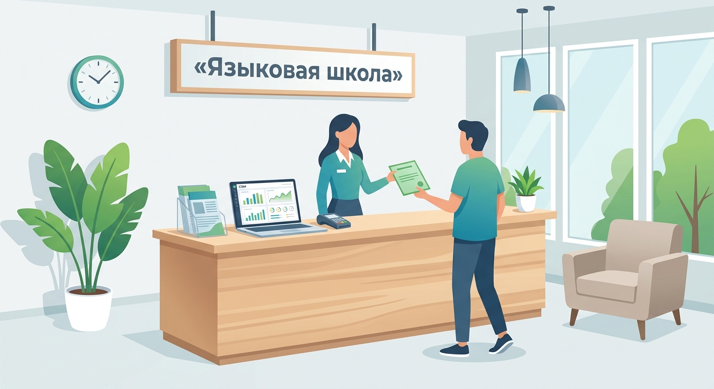 Администратор языковой школы вручает зелёную бумажку клиенту на ресепшене, CRM-система на ноутбуке