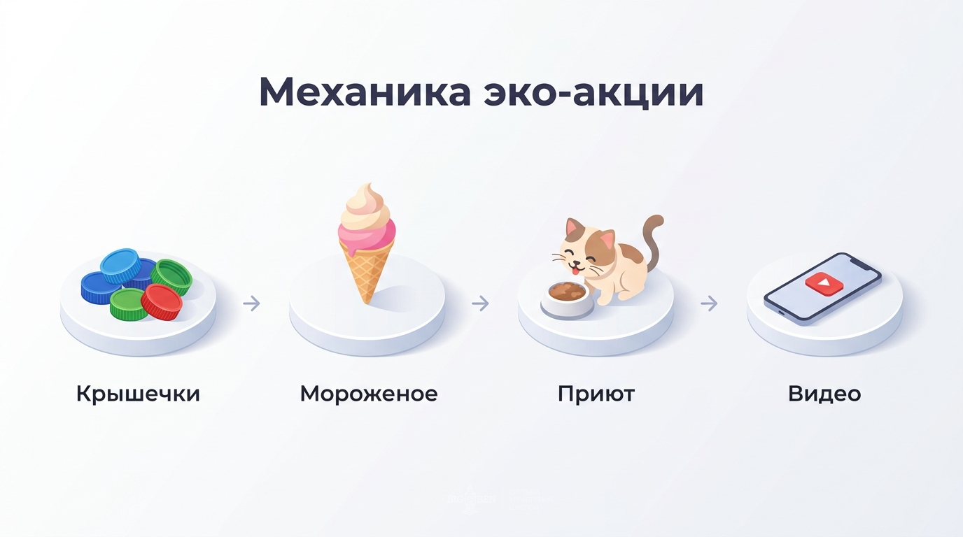 Механика эко-акции: крышки и батарейки в обмен на мороженое, многоуровневая система наград, обратная связь через видео из приюта