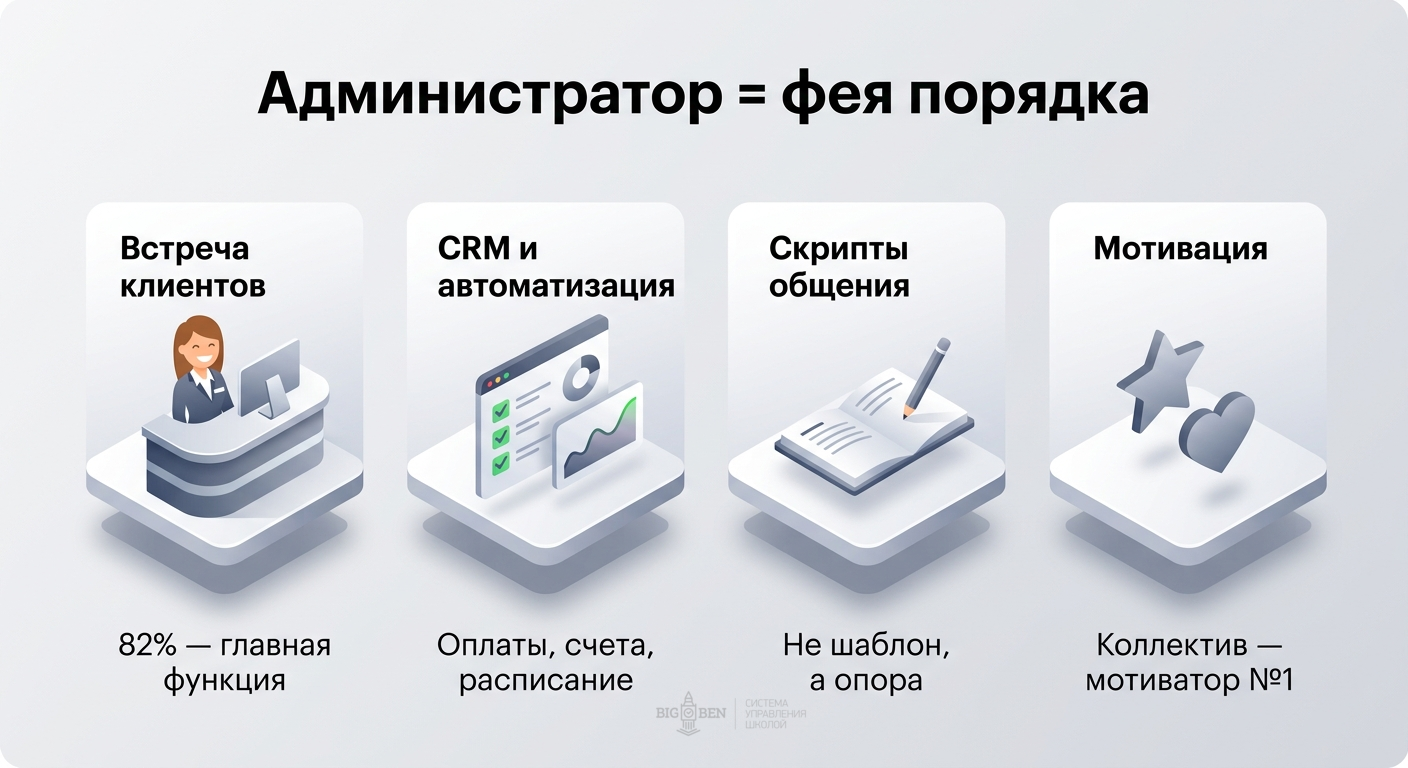 Четыре главные функции администратора языковой школы: встреча клиентов, CRM и автоматизация, скрипты общения, мотивация