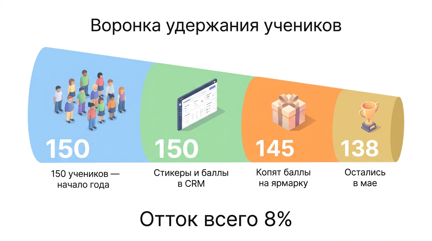 Воронка удержания учеников: 150 → стикеры в CRM → баллы на ярмарку → 138 остались (8% отток)