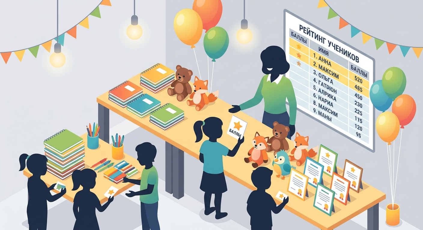 Ярмарка наград в языковой школе: дети обменивают баллы на призы, рейтинг учеников на стене