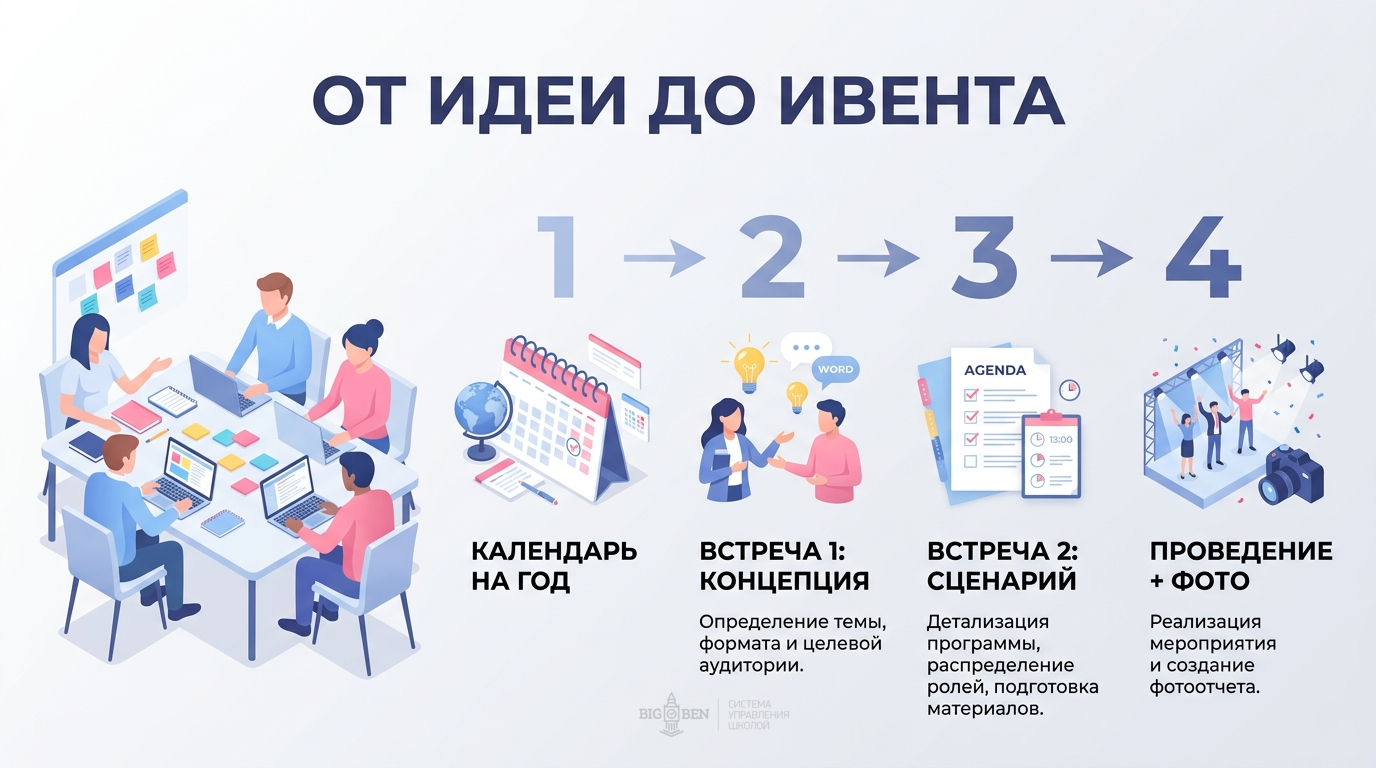 Подготовка мероприятия в языковой школе: 2 встречи по 40 минут, распределение ролей, концепция, реквизит, вау-эффект