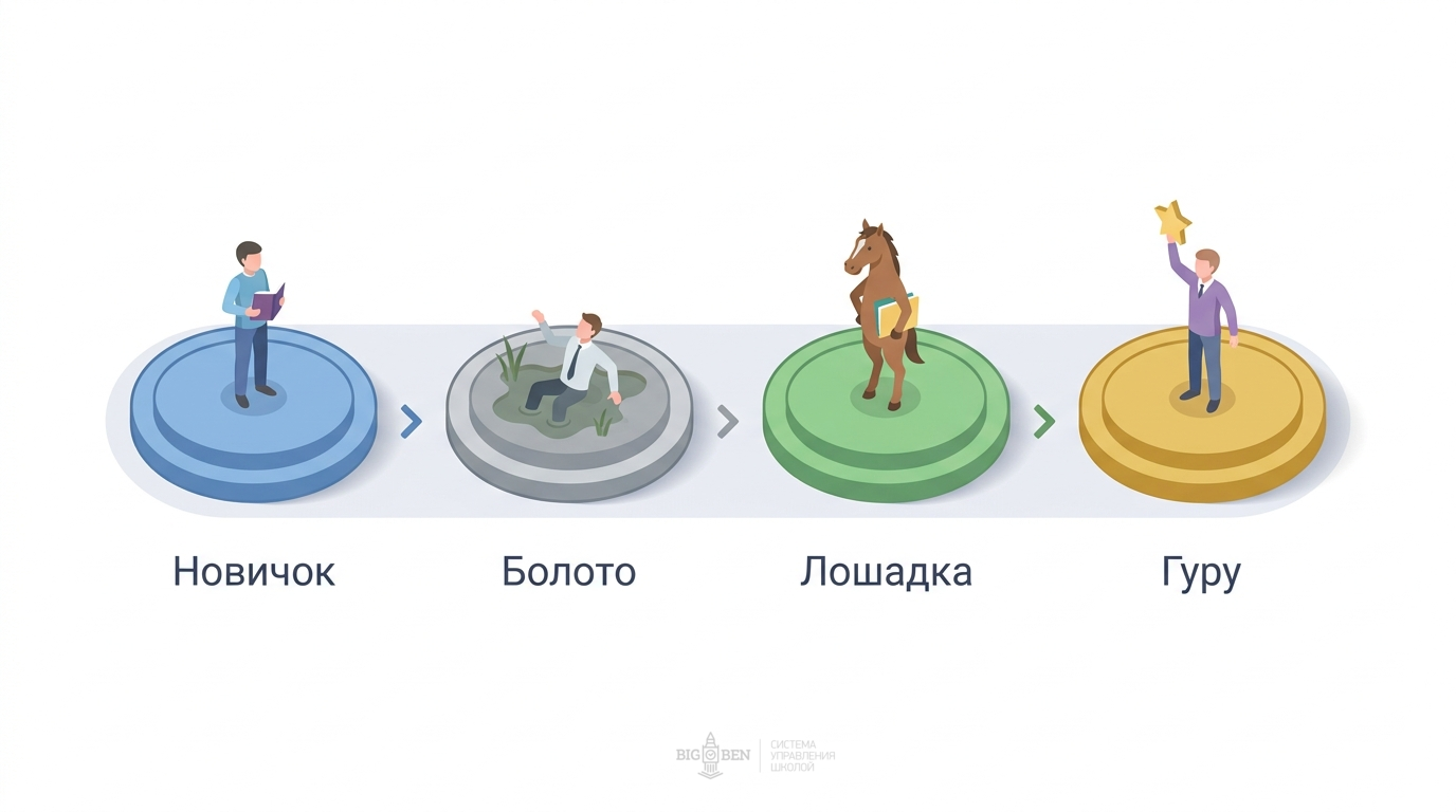 4 этапа развития сотрудника: новичок, болото, рабочая лошадка, гуру
