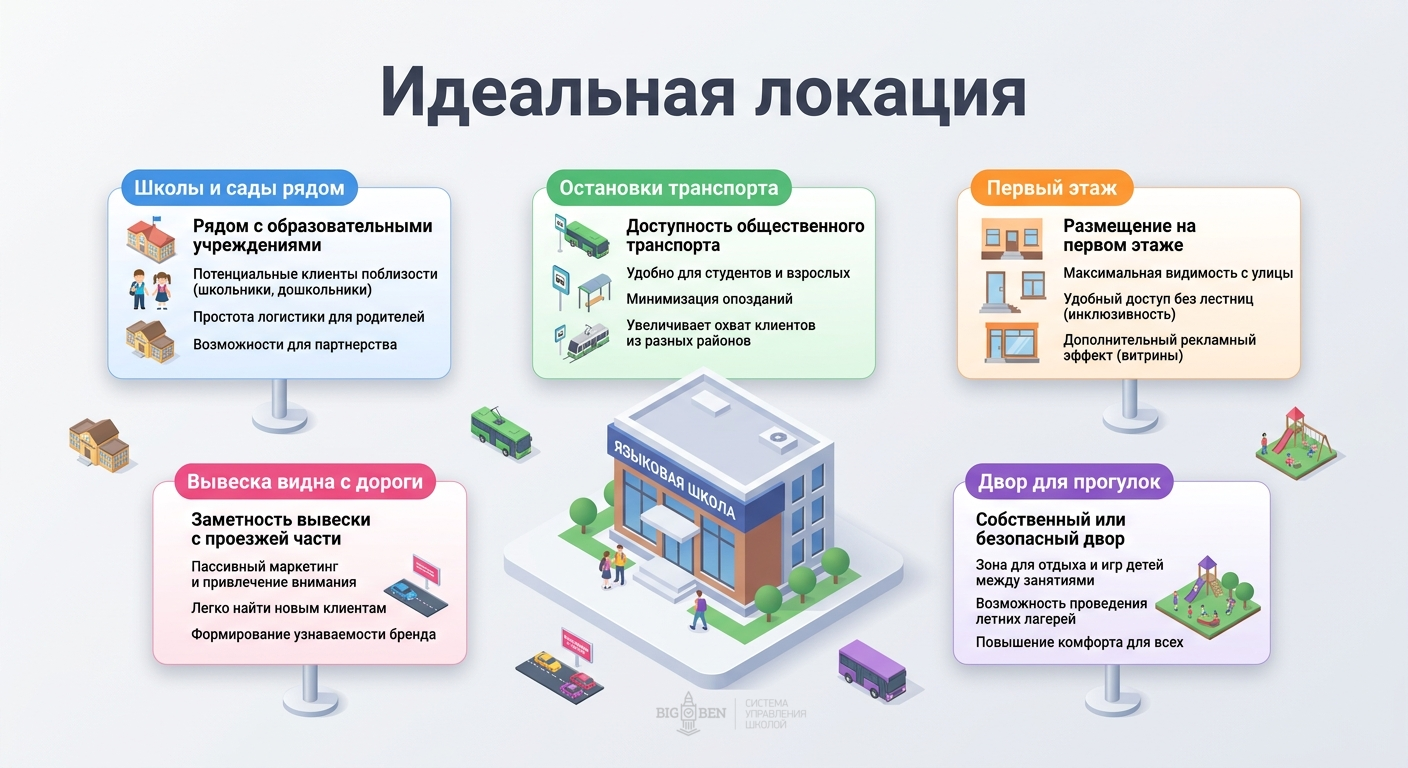 5 критериев идеальной локации для языковой школы: школы и сады, остановки, первый этаж, вывеска, двор
