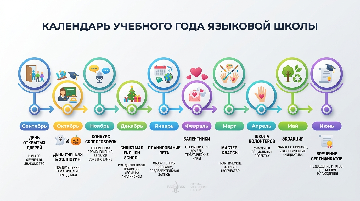 Календарь мероприятий языковой школы на 10 месяцев: от дня открытых дверей в сентябре до вручения сертификатов в июне