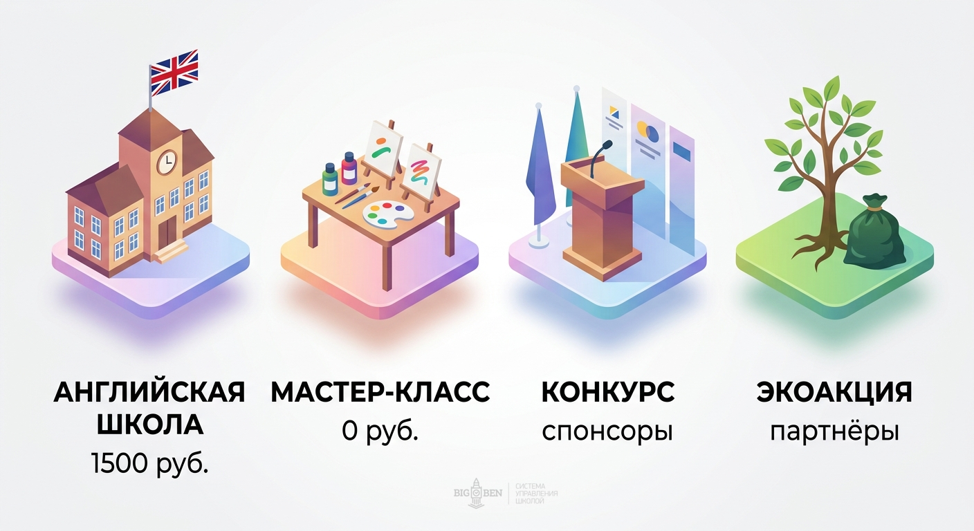 4 формата мероприятий языковой школы: английская школа, бесплатный мастер-класс, городской конкурс, экоакция