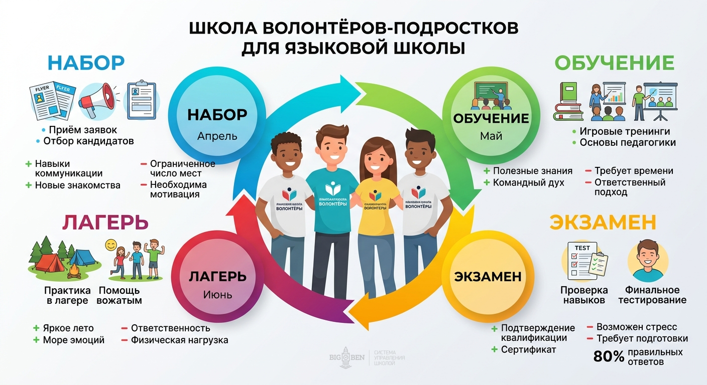 Школа волонтёров BigBen: набор в апреле, обучение в мае, экзамен, работа на летнем лагере в июне