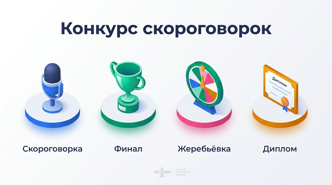 Конкурс скороговорок в языковой школе: микрофон, кубок, жеребьёвка и диплом