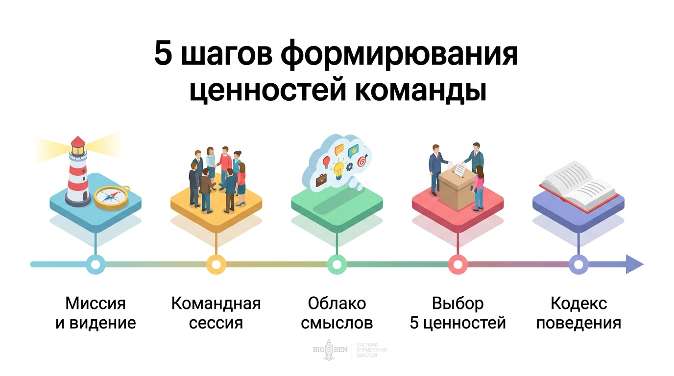 5 шагов формирования ценностей команды: миссия, командная сессия, облако смыслов, выбор ценностей, кодекс поведения