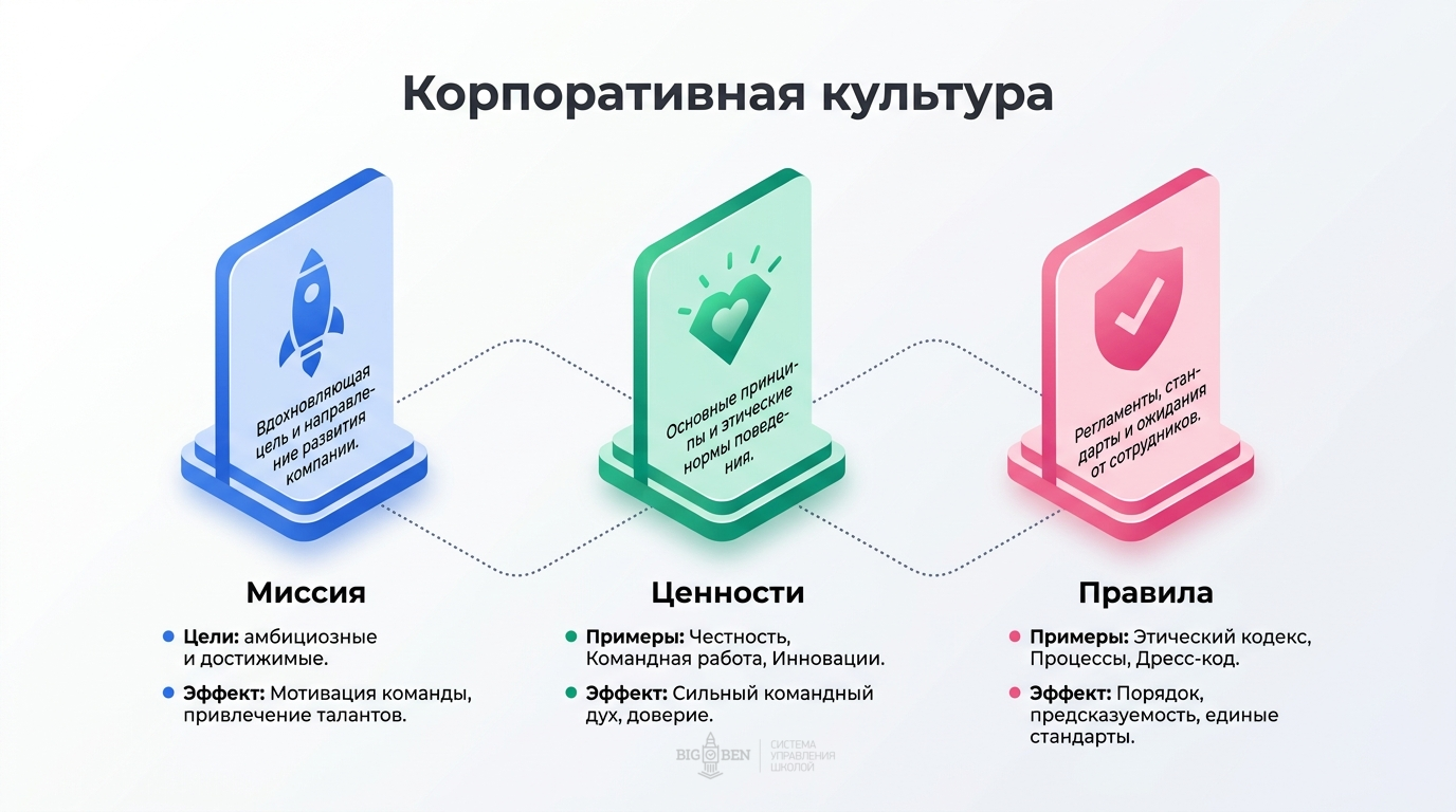 Корпоративная культура: миссия, ценности, правила — три основы на изометрических подставках