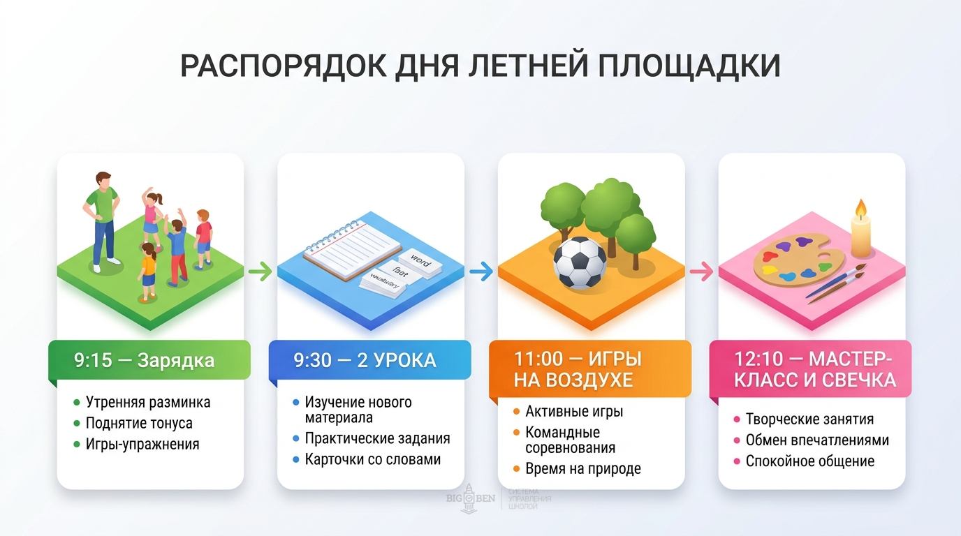 Структура одного дня летней площадки: 2 урока, перемена, мастер-класс, свечка