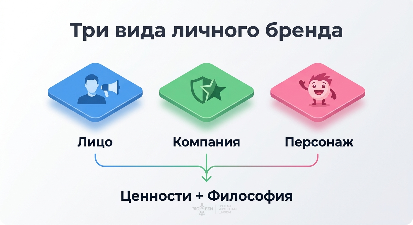 Три вида личного бренда: персонализированный (лицо руководителя), корпоративный (бренд компании), через героев (персонажи и сотрудники)