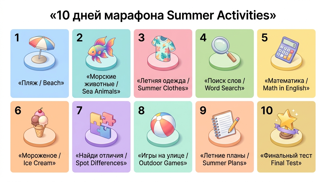 10 дней летнего марафона — визуальная карта тем: пляж, морские животные, одежда, мороженое, планы на лето
