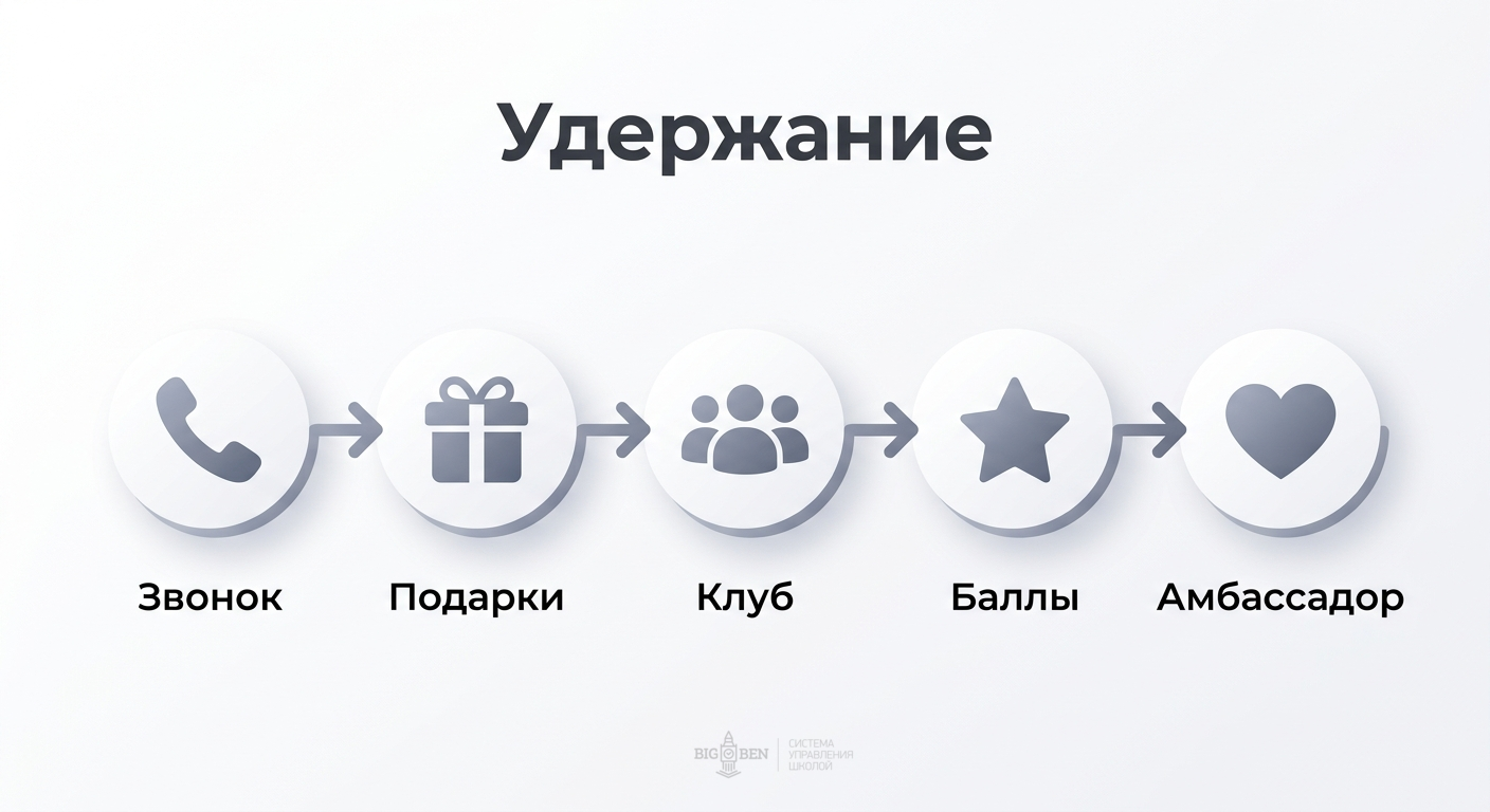 Система удержания клиентов языковой школы: звонок через 2 недели, поздравления, мероприятия, закрытый клуб, реферальная программа