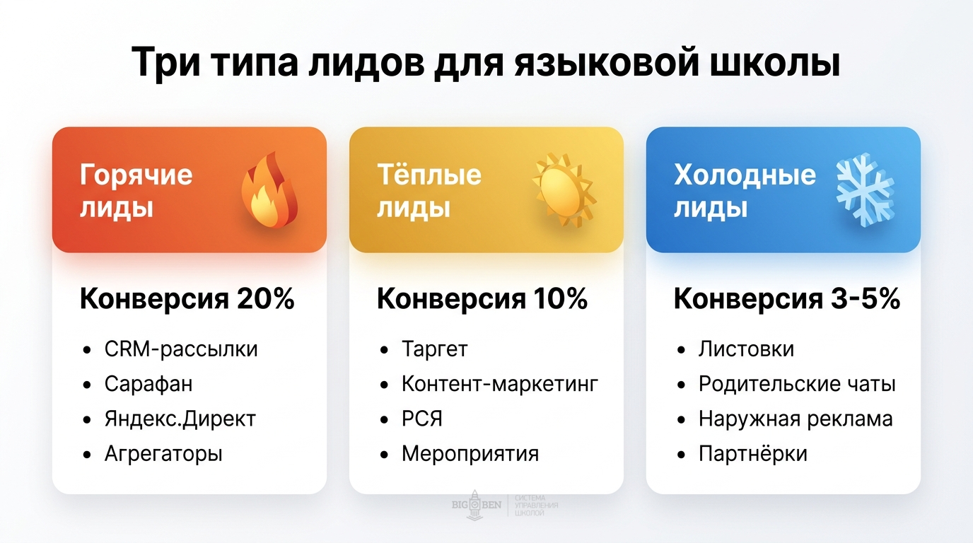 Три типа лидов для языковой школы: горячие (конверсия 20%), теплые (10%), холодные (3-5%) — каналы и особенности каждого типа
